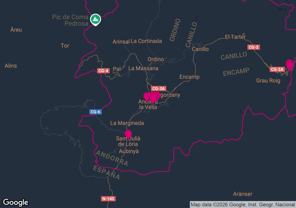 Mapa interactiu de punts de venda i cobertura a Andorra (Mode fosc)